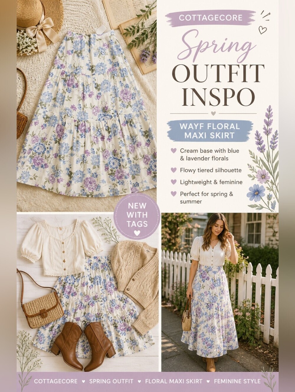 WAYF NWT Cottagecore Floral Maxi Skirt Tiered Cream Blue Lavender